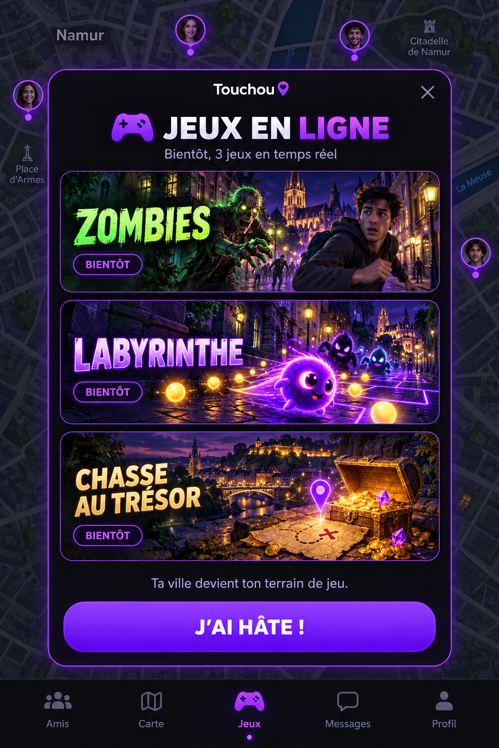 Aperçu des trois jeux à venir dans Touchou : Zombies, Labyrinthe et Chasse au trésor, sur une carte de Namur noire et mauve.