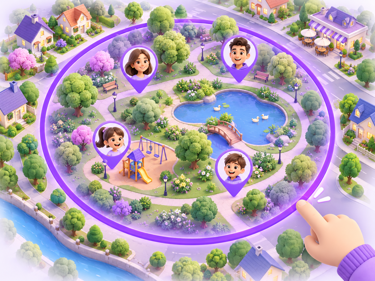 Quatre profils de famille dans un cercle mauve dessiné autour d’un parc sur la carte.